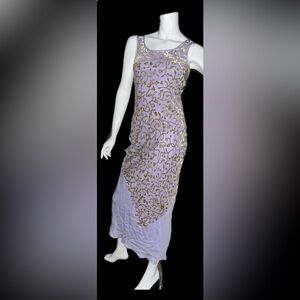 Betsey Johnson Designer Lavender purple w/gold vine sleeveless maxi Dress size 6